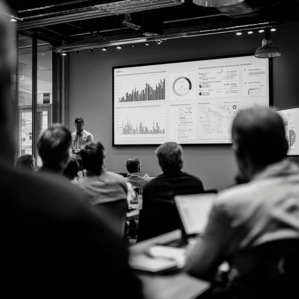 Clinical data analytics presentation showing trial performance dashboards and data visualizations during a team review meeting