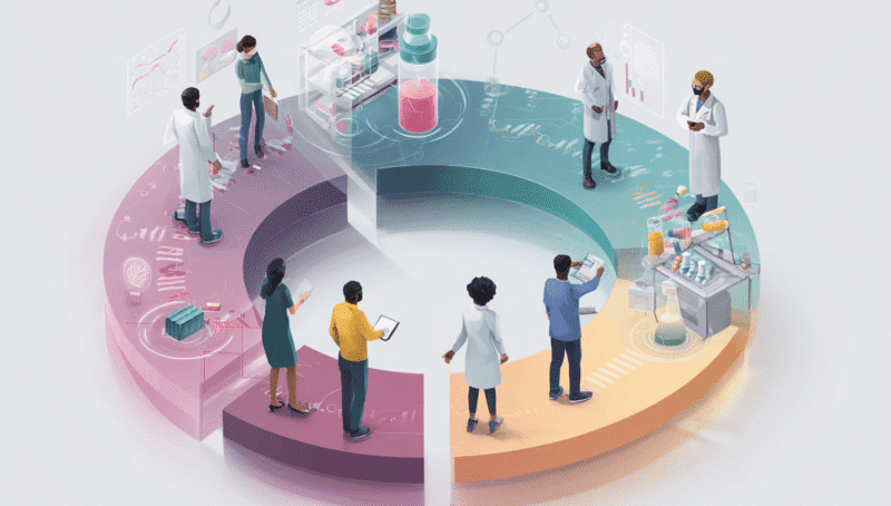 Circular illustration of clinical development stages showing researchers collaborating on drug safety and early phase trials