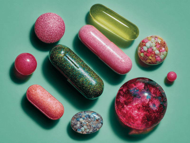 Various capsules and tablets in different formulations representing investigational drug products in clinical research