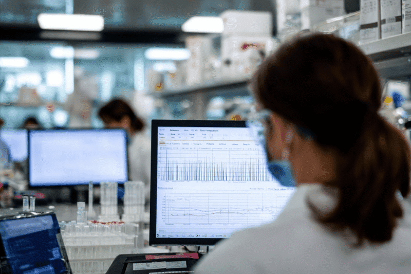 Clinical data manager reviewing pharmaceutical data on a monitor in a modern laboratory setting