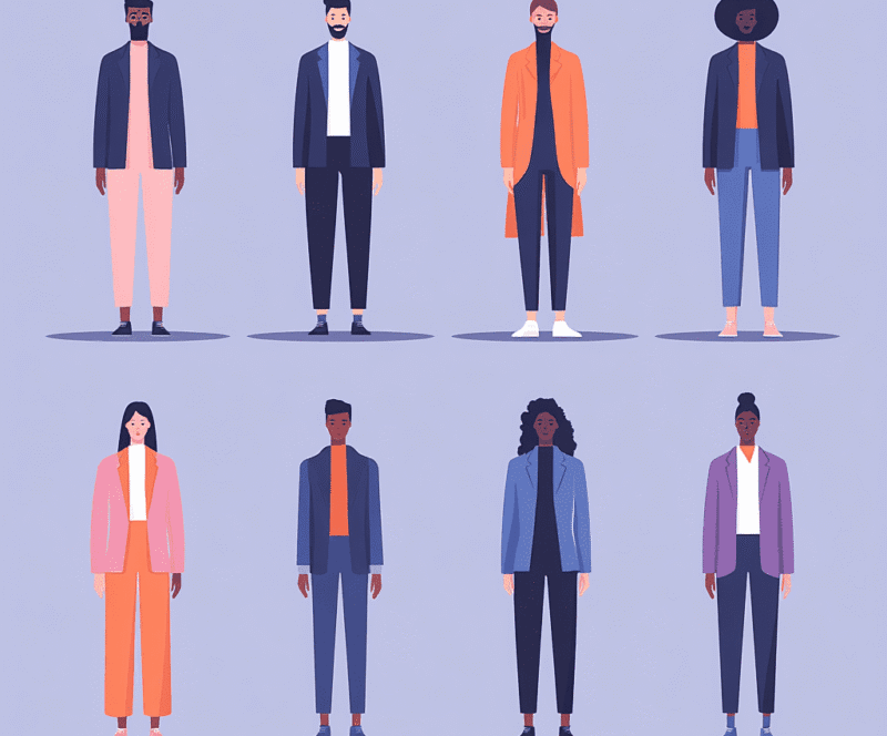 Diversity and inclusion in the workplace Illustration of diverse professionals standing in two rows, representing inclusion, equal representation, and workplace diversity.
