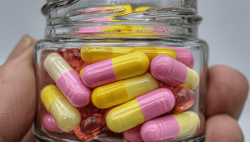 Close up of capsules in a glass jar representing investigational medicinal products in clinical development