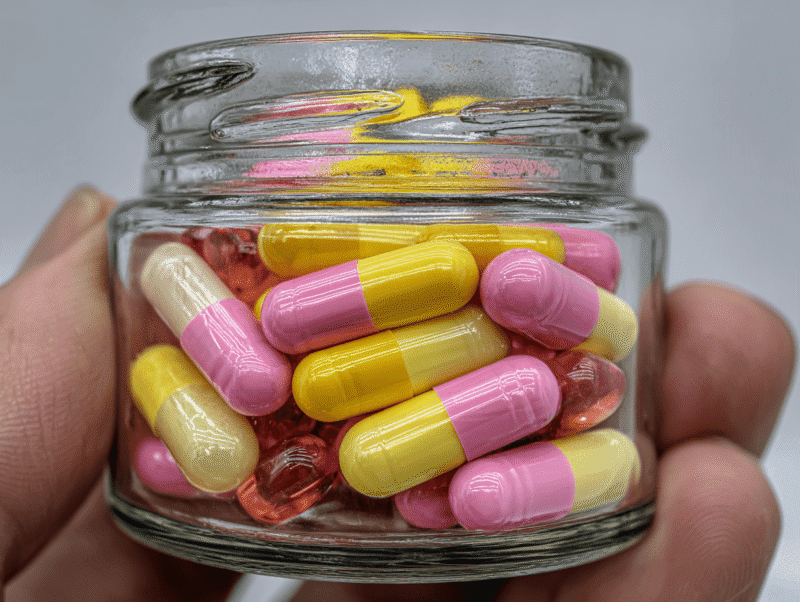 Close up of capsules in a glass jar representing investigational medicinal products in clinical development