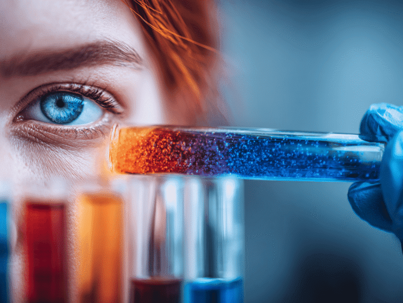 Scientist examining a test tube with colored solution during early phase clinical research