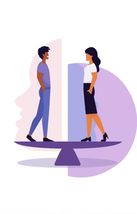 Illustration of a man and woman standing on a balanced scale, symbolizing gender equality and pay equity in the workplace.