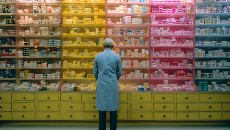 Pharmacist reviewing a wide range of medicines in a pharmacy, illustrating post approval drug availability and safety oversight
