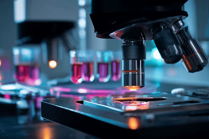 Gros plan d’un microscope analysant des échantillons dans un laboratoire pharmaceutique soutenant les opérations réglementaires en Pologne