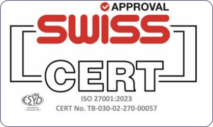 Excelya Swiss approval ISO 27001:2023 certification badge confirming information security and data protection compliance.