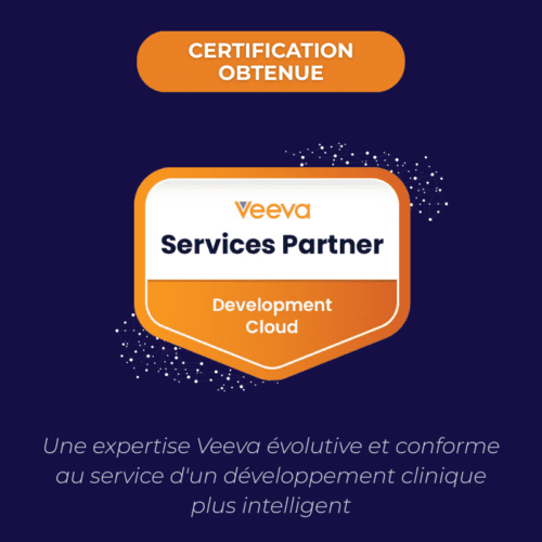 Excelya obtient la certification Veeva Services Partner pour le Development Cloud Annonce de la marque Excelya affichant le badge de certification Veeva Services Partner Development Cloud.