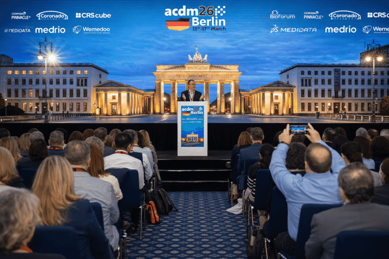 Keynote speaker on stage at ACDM 2026 Berlin with Brandenburg Gate backdrop, addressing clinical data management professionals