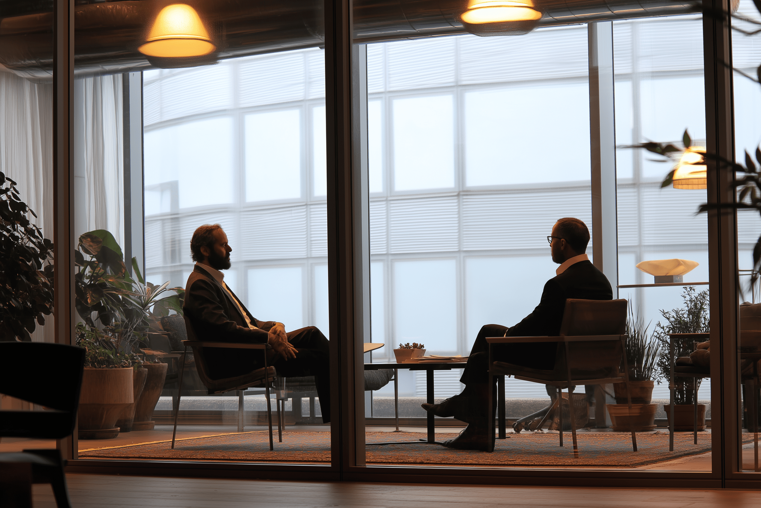 Deux professionnels en discussion dans un bureau moderne, illustrant la vision d’Excelya comme CRO full service en Europe