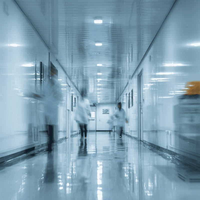 Clinical research professionals moving through a hospital corridor, illustrating clinical resourcing and trial management support.