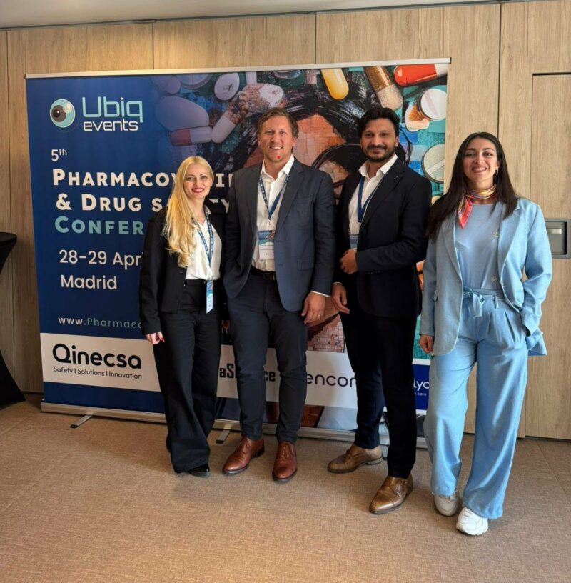 Galina Stamenova, Hector De La Fouchardiere, Stephane Kocev, and Panagiota Grypioti at a UBIQ Events pharmacovigilance conference in Madrid.