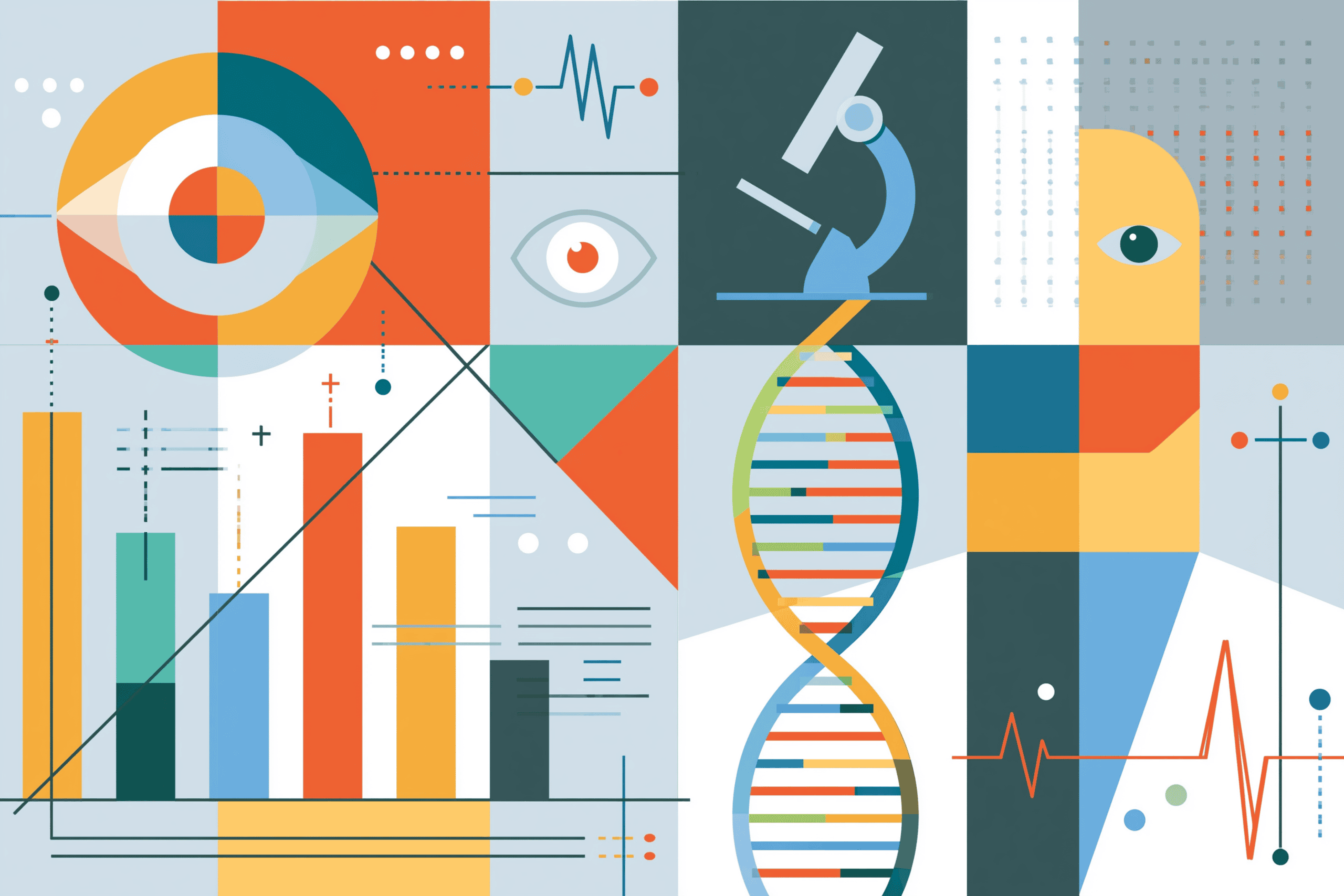 Illustration representing AI in clinical biostatistics, combining clinical data analytics, genomics, biometrics, predictive modeling, and artificial intelligence for clinical development.